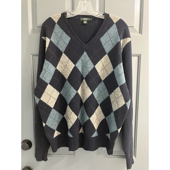 J Crew Mens 100% Lambswool Sweater XL Argyle Pullover Blue Diamond Sweater Vneck - Picture 1 of 4